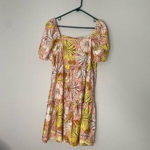 Women’s Short Sundress Loft Outlet Sz 8 Pink Yellow Floral Bubble Sleeve Resort